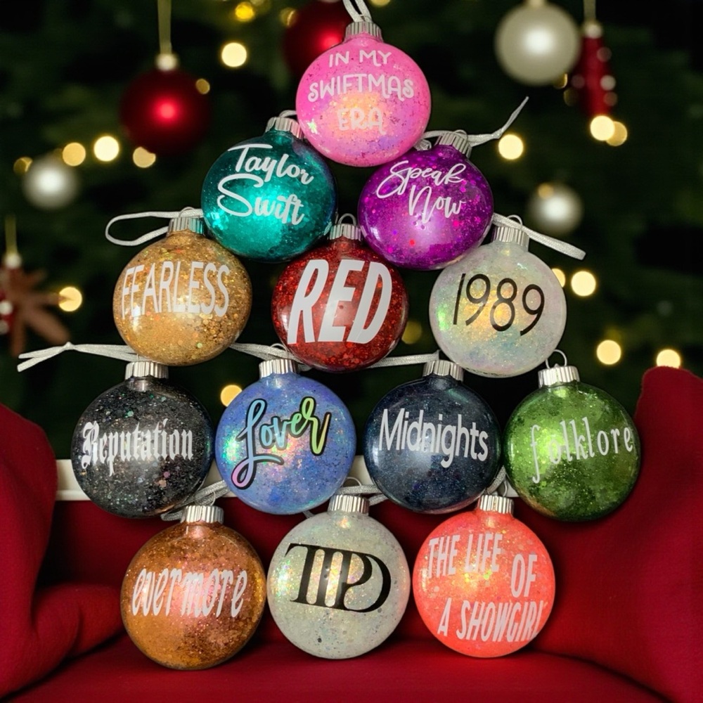 Set of 13 Hand Crafted Taylor Swift Album Christmas Ornaments.